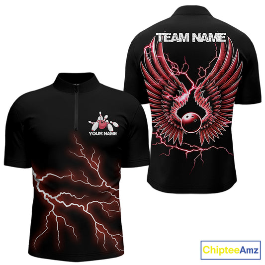 Red Thunder Lightning Bowling Wings Custom Bowling Team Quarter-Zip Shirts For Men IPHW8394