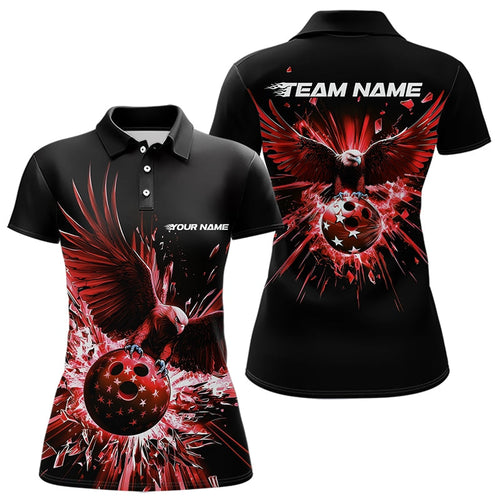 Black And Red Eagle Break Glass Custom Bowling Polo Shirts For Women, Bowling Team Shirt IPHW8399