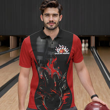 Load image into Gallery viewer, Custom Black And Red Flame Bowling Polo Shirts For Men, Fire Bowling League Shirt IPHW8619