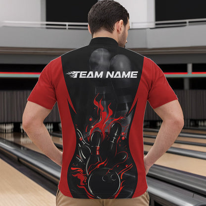 Custom Black And Red Flame Bowling Quarter-Zip Shirts For Men, Fire Bowling League Shirt IPHW8619