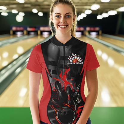 Custom Black And Red Flame Bowling Quarter-Zip Shirts For Women, Fire Bowling League Shirt IPHW8619