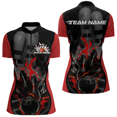 Custom Black And Red Flame Bowling Quarter-Zip Shirts For Women, Fire Bowling League Shirt IPHW8619