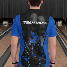 Load image into Gallery viewer, Custom Black And Blue Flame Bowling Polo Shirts For Men, Fire Bowling League Shirt IPHW8620