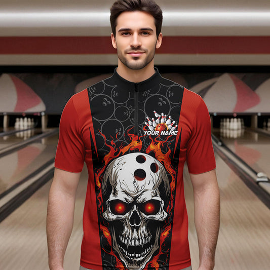Custom Black And Orange Flame Skull Bowling Quarter-Zip Shirts For Men, Fire Skull Bowling Outfits IPHW8627