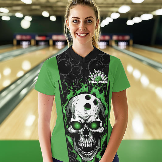 Custom Black And Green Flame Skull Bowling Womens Quarter-Zip Shirt, Fire Skull Bowling IPHW8628