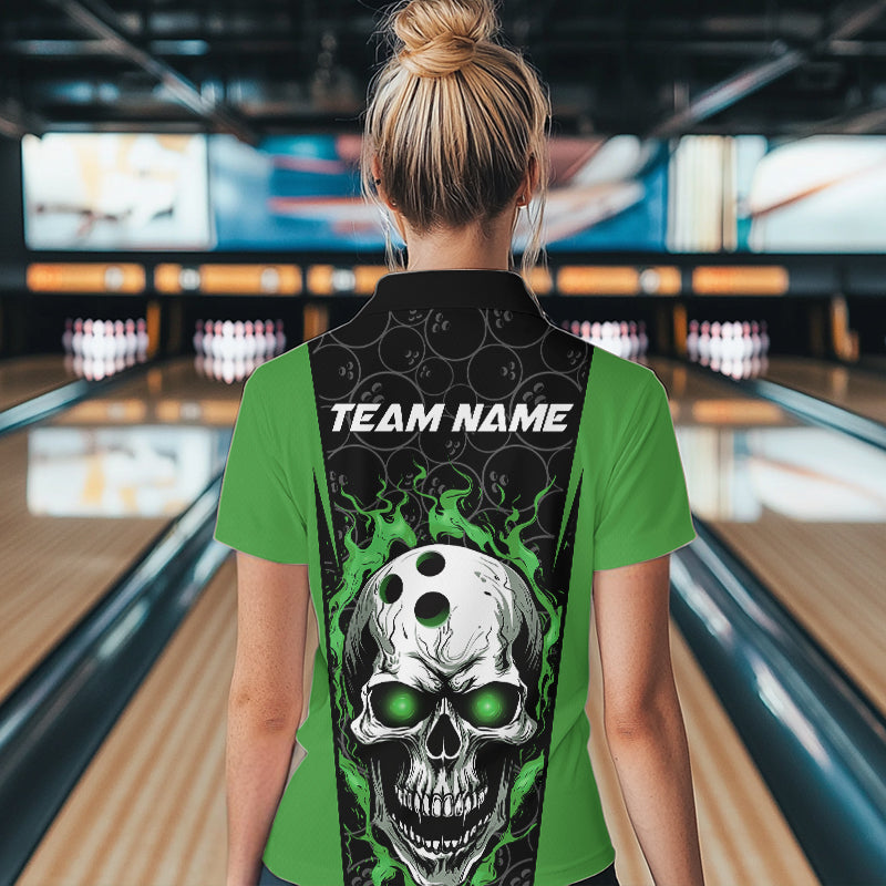 Custom Black And Green Flame Skull Bowling Womens Quarter-Zip Shirt, Fire Skull Bowling IPHW8628