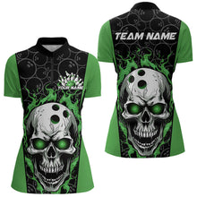 Load image into Gallery viewer, Custom Black And Green Flame Skull Bowling Womens Quarter-Zip Shirt, Fire Skull Bowling IPHW8628