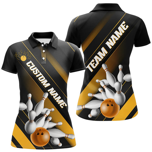 Black And Gold Custom Bowling Team Shirts For Women, Bowling Ball And Pins Shirt IPHW6445