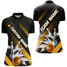 Load image into Gallery viewer, Black And Gold Custom Bowling Team Shirts For Women, Bowling Ball And Pins Shirt IPHW6445