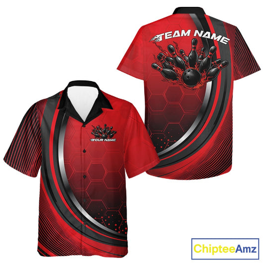 Front and back view of a button-up bowling shirt mockup in black and red, featuring honeycomb pattern with a flaming bowling strike illustration.