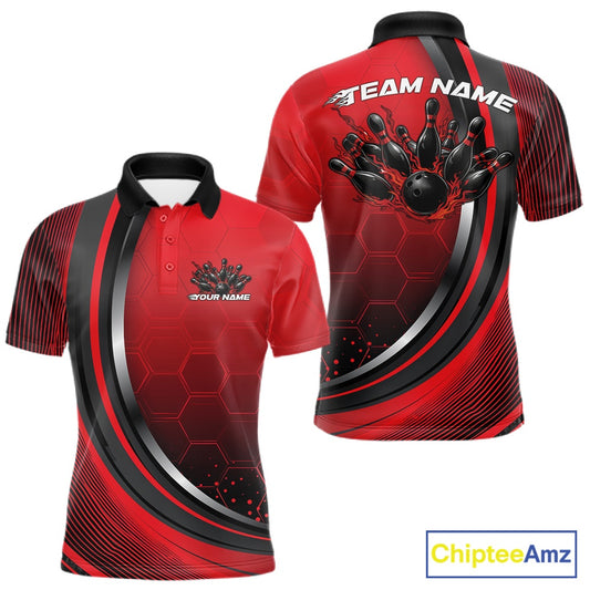 Front and back view of a mens bowling polo shirt mockup in black and red, featuring honeycomb pattern with a flaming bowling strike graphic.