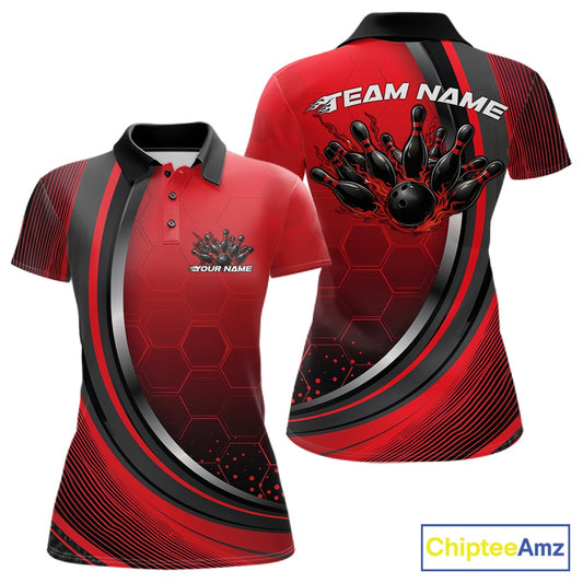 Front and back view of a womens bowling polo shirt mockup in black and red, featuring honeycomb pattern with a flaming bowling ball hitting pins.
