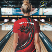 Load image into Gallery viewer, Back view of a female model in a bowling lane wearing a black and red polo shirt, showcasing honeycomb design and flaming bowling ball crashing into pins.