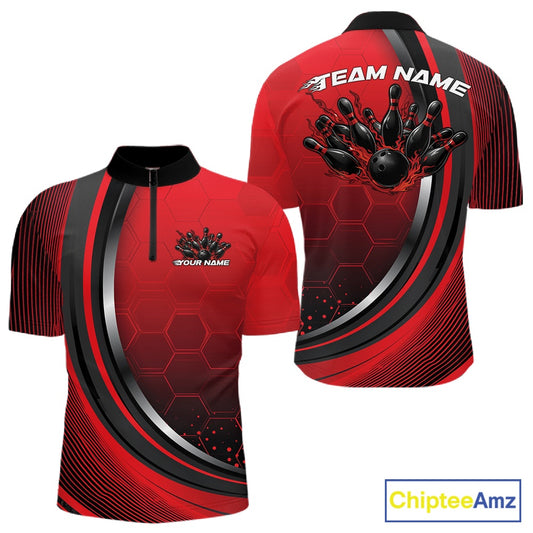 Front and back view of a mens bowling quarter zip shirt mockup in black and red, featuring honeycomb pattern with a flame bowling ball and pins design.