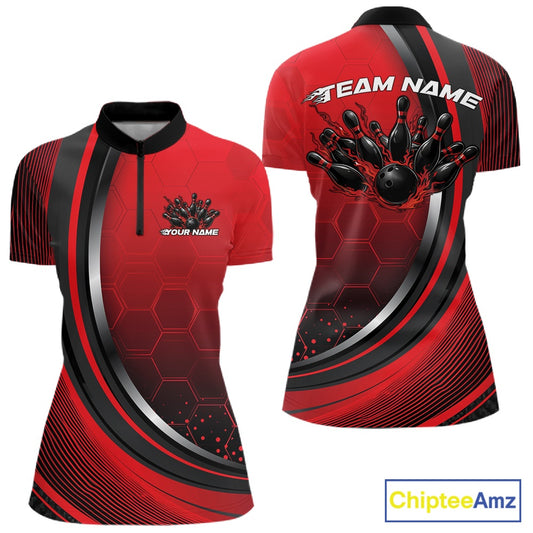 Front and back view of a women s black and red bowling quarter zip mockup featuring a honeycomb pattern and flaming bowling ball knocking down pins graphics.