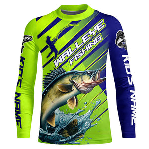 Personalized Walleye Fishing Tournament Long Sleeve Shirts, Blue And Green Fishing Jerseys IPHW6622