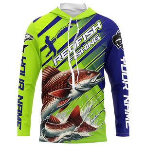 Personalized Redfish Fishing Tournament Jerseys, Long Sleeve Performance Shirts In Blue & Green IPHW6623