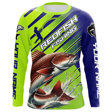 Load image into Gallery viewer, Personalized Redfish Fishing Tournament Jerseys, Long Sleeve Performance Shirts In Blue &amp; Green IPHW6623