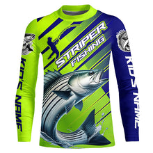 Load image into Gallery viewer, Personalized Striped Bass Fishing Tournament Jerseys, Performance Long Sleeve Shirts In Blue &amp; Green IPHW6624