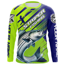 Load image into Gallery viewer, Personalized Striped Bass Fishing Tournament Jerseys, Performance Long Sleeve Shirts In Blue &amp; Green IPHW6624