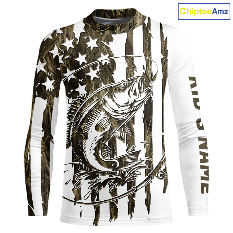 Custom Patrotic Largemouth Bass Kid Long Sleeve Camo Fishing Shirts, Bass US Fishing Shirt IPHW9145