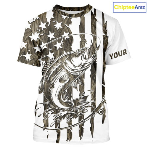 Custom Patrotic Largemouth Bass Camo Fishing T-Shirts, Bass US Fishing T-Shirt IPHW9145
