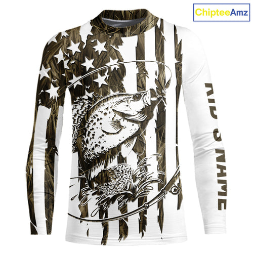 Custom Patrotic Crappie Kid Long Sleeve Camo Fishing Shirts, Crappie US Fishing Shirt IPHW9147