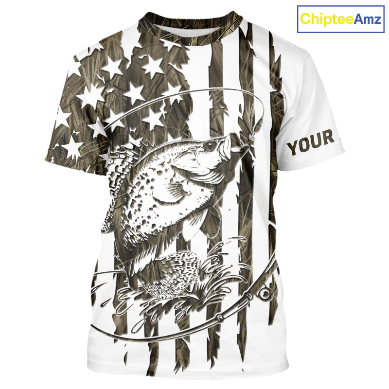 Custom Patrotic Crappie Camo Fishing T-Shirts, Crappie US Fishing T-Shirt IPHW9147