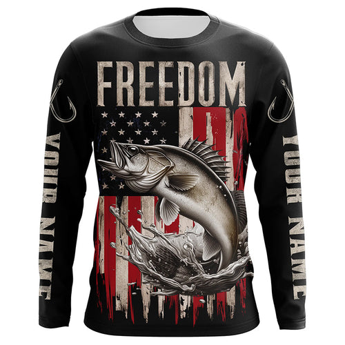 Personalized Patriotic Walleye Long Sleeve Fishing Shirts, American Flag Fishing Shirts IPHW6810