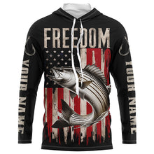 Load image into Gallery viewer, Personalized Patriotic Striped Bass Long Sleeve Fishing Shirts, American Flag Fishing Shirts IPHW6811