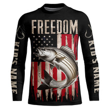 Load image into Gallery viewer, Personalized Patriotic Striped Bass Long Sleeve Fishing Shirts, American Flag Fishing Shirts IPHW6811