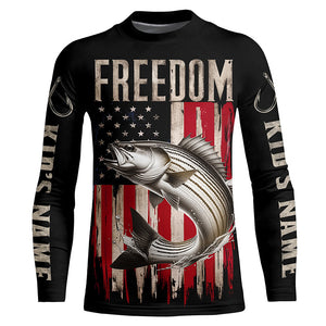 Personalized Patriotic Striped Bass Long Sleeve Fishing Shirts, American Flag Fishing Shirts IPHW6811