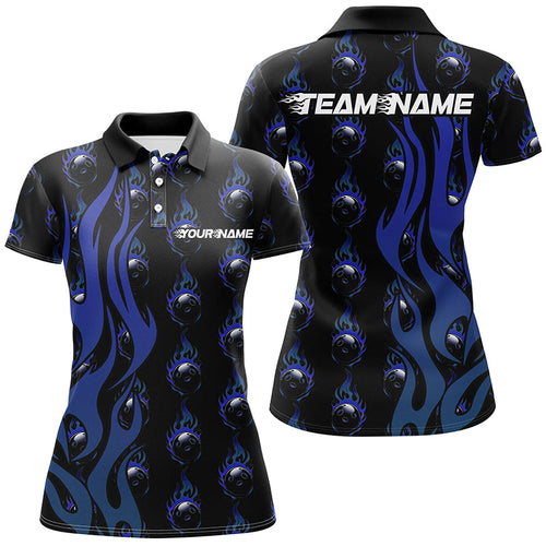Custom Blue Flame Bowling Shirts For Women, Bowling League Shirts With Team Name IPHW6970
