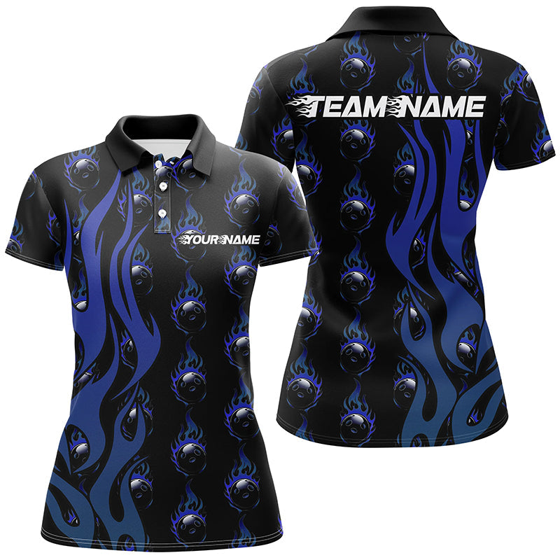 Custom Blue Flame Bowling Shirts For Women, Bowling League Shirts With Team Name IPHW6970