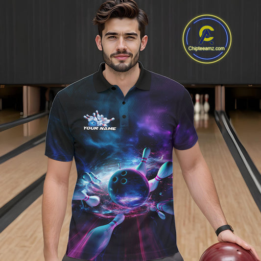 Custom Galaxy Bowling Polo Shirts For Men, Holographic Bowling Team Shirt IPHW9502