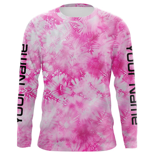 Pink Shibori Tie Dye Camo Long Sleeve Uv Protection Fishing Shirts, Personalized Fishing Jersey IPHW7188