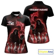 Load image into Gallery viewer, Custom Red Flame Grim Reaper Bowling Women Polo Shirts, Skull Halloween Bowler Outfit IPHW9735