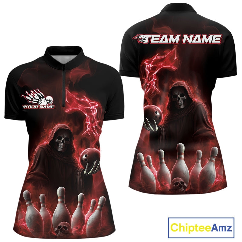 Custom Red Flame Grim Reaper Bowling Women Quarter-Zip Shirts, Skull Halloween Outfit IPHW9735