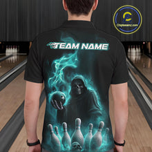 Load image into Gallery viewer, Custom Turquoise Blue Flame Grim Reaper Bowling Men Polo Shirts, Halloween Bowler Outfit IPHW9736