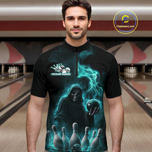 Load image into Gallery viewer, Custom Turquoise Blue Flame Grim Reaper Bowling Men Quarter-Zip Shirts, Halloween Bowler Outfit IPHW9736