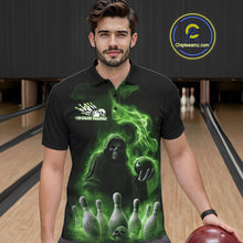 Load image into Gallery viewer, Custom Green Flame Grim Reaper Bowling Men Polo Shirts, Halloween Bowler Outfit IPHW9738