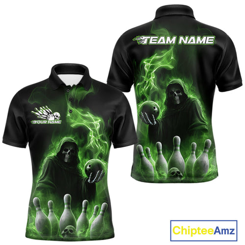 Custom Green Flame Grim Reaper Bowling Men Polo Shirts, Halloween Bowler Outfit IPHW9738