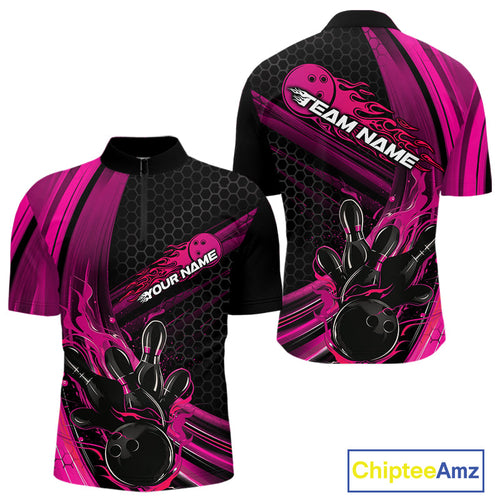 Custom Black And Pink Flame Bowling Jerseys, Bowling Team Quarter-Zip Shirts For Men IPHW9886