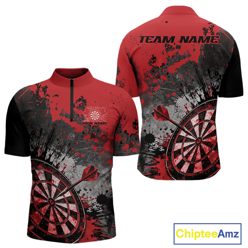 Custom Black And Red Splatter Dart Men Quarter-Zip Shirt, Grunge Style Dart Team Jerseys IPHW10053