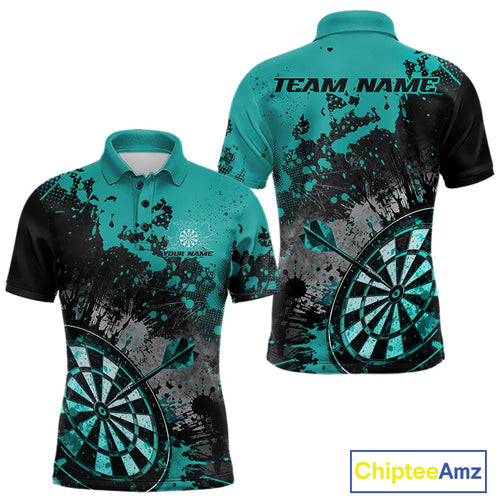 Custom Black And Blue-Green Splatter Dart Men Polo Shirt, Grunge Style Dart Team Jerseys IPHW10055