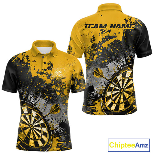 Custom Black And Yellow Splatter Dart Men Polo Shirt, Grunge Style Dart Team Jerseys IPHW10056