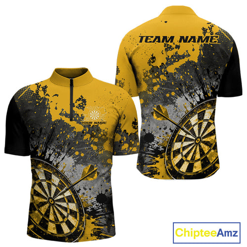 Custom Black And Yellow Splatter Dart Men Quarter-Zip Shirt, Grunge Style Dart Team Jerseys IPHW10056