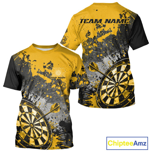 Custom Black And Yellow Splatter Dart Men T-Shirts, Grunge Style Dart Team Jerseys IPHW10056