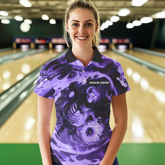 Custom Purple Flame Skull Bowling Polo Shirts For Women, Skeleton Bowling Tournament Shirts IPHW8404