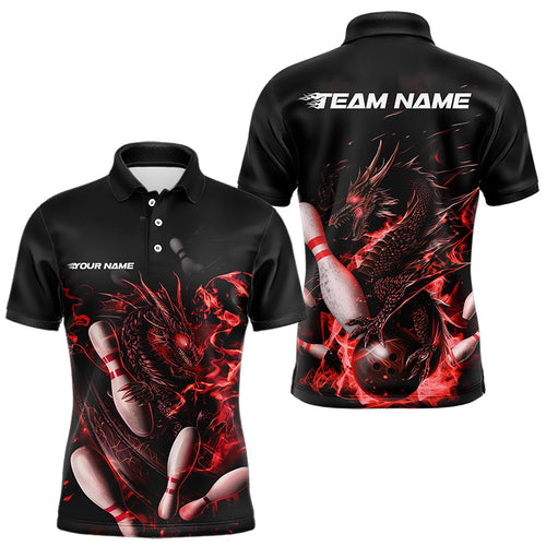 Custom Black And Red Flame Dragon Bowling Polo Shirts For Men, Bowling Tournament Team Shirt IPHW8415